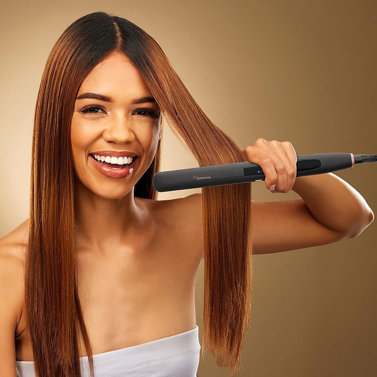 Paul Anthony Style Pro Ceramic Hair Straightener Black and Brown H2214 | 110mm Flaoting Ceramic Plates | 9 Temperature Settings | Quick Heat Up | Safety Auto Shut-Off | Rubberised Grip Handle | 100 x 25mm Long Floating Plates | Cool Touch Tip | LCD