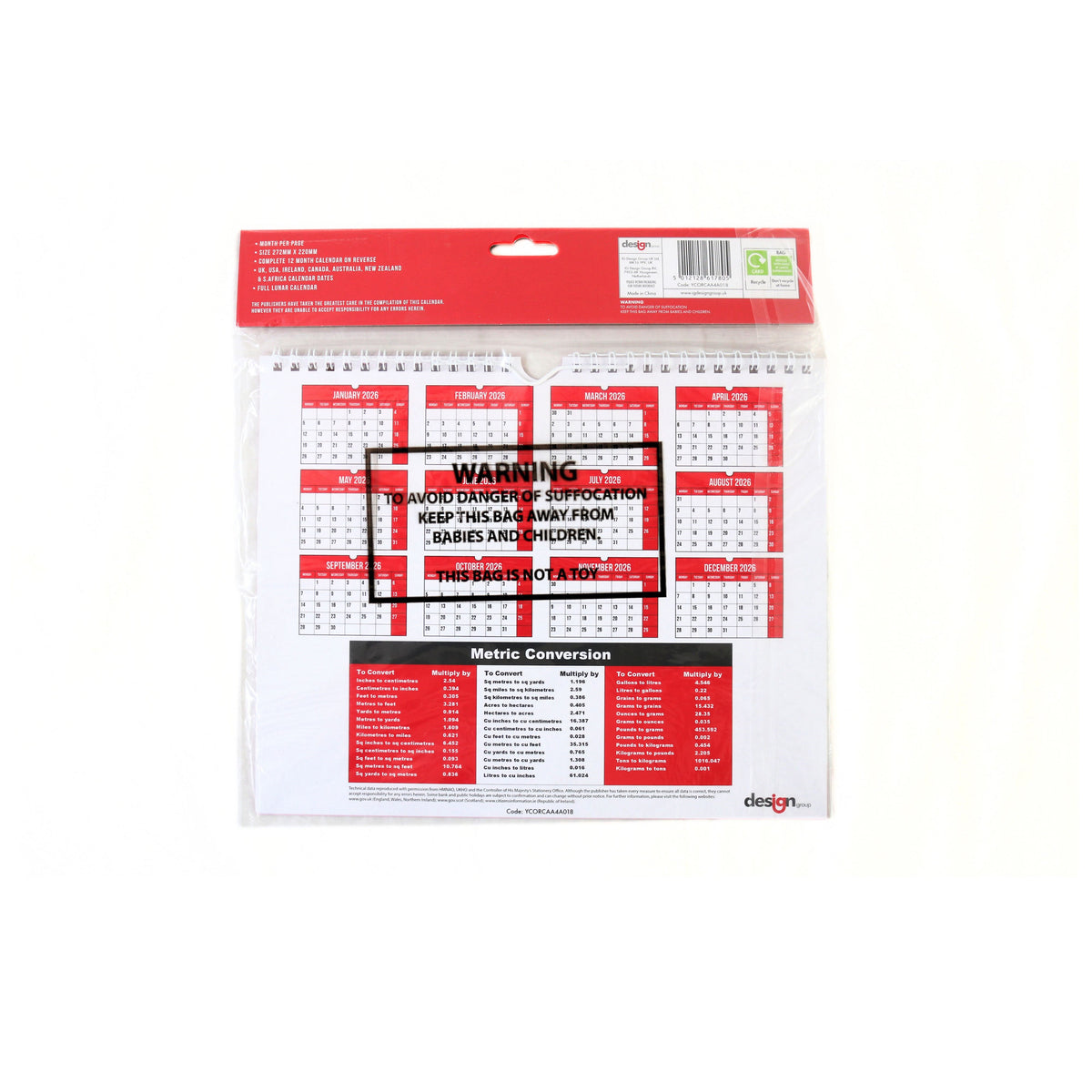 Design Group 2026 Commercial Easy View Calendar Multicolour 272mm x 220mm YCORCAA4A018 | Month Per Page | Complete 12 Month Calendar on Reverse | UK - USA - Ireland - Canada - Australia - New Zealand and South Africa Calendar Dates | Full Lunar Dates