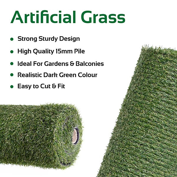GardenKraft Artificial Grass Roll Dark Green 4Mtr x 1Mtr 26079 | 15mm Pile | UV Protected | Realistic Soft Texture | No Watering | No Cutting | No Weeding | Lush Green Lawn All Year Round | Mix of Emerald Green-Lime and Bi-colour | A Perfect Deep Grass