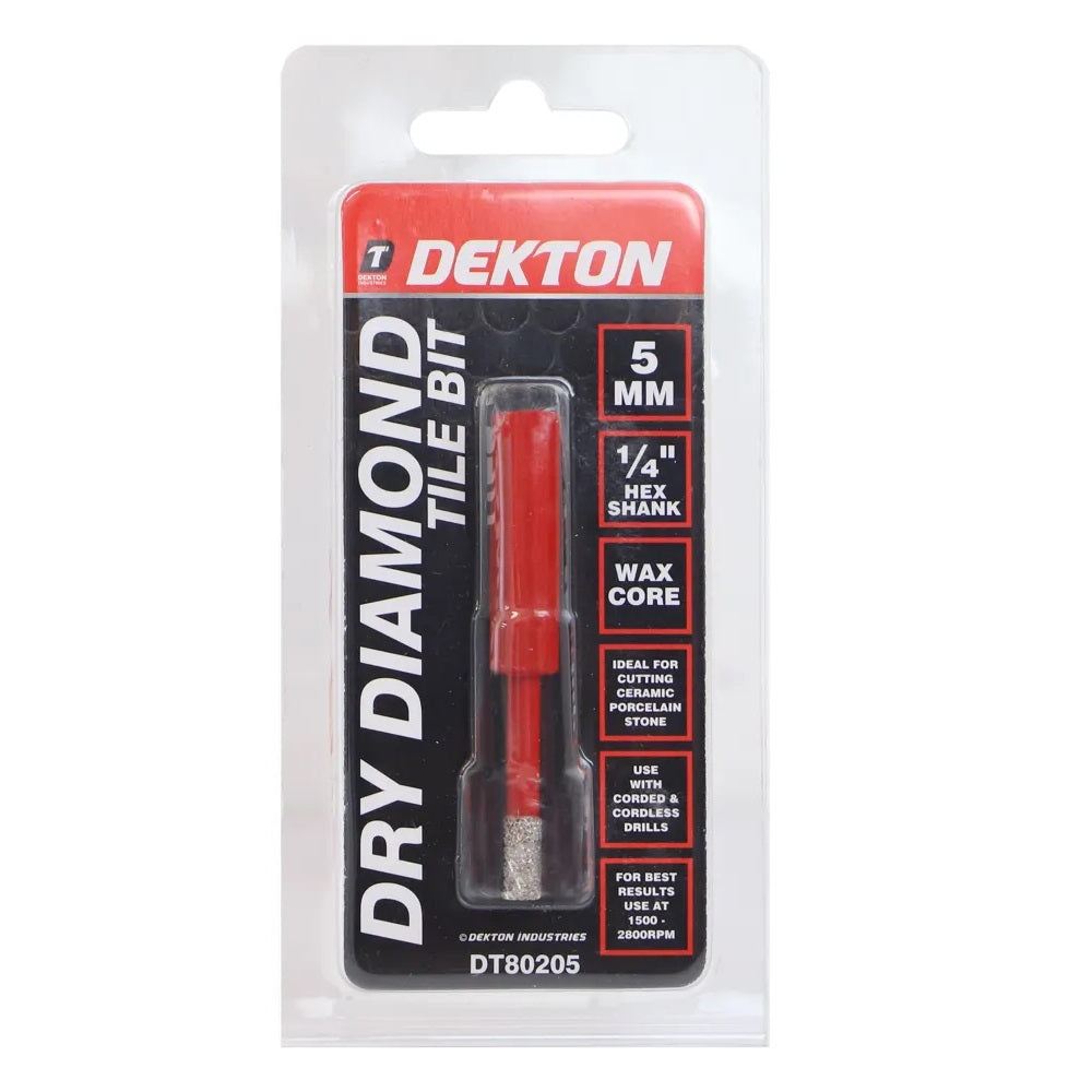 Dekton Dry Diamond Tile Bit Red and Silver 5mm DT80205 | 1-4-Inch Hex Shank | Wax Core | Ideal for Cutting Ceramic Porcelain Stone | Use with Corded and Cordless Drills | High Grade Hardened Steel