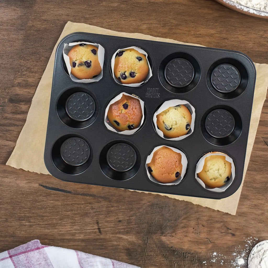 The Hairy Bikers Non-Stick 12 Cup Muffin Pan Black 35cm x 26.6cm x 3.2cm BKW1681 | 0.8mm Thickness | Oven-Dishwasher and Freezer Safe | PFOA Free
