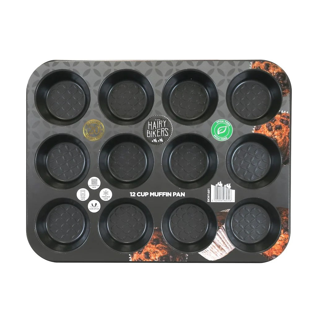 The Hairy Bikers Non-Stick 12 Cup Muffin Pan Black 35cm x 26.6cm x 3.2cm BKW1681 | 0.8mm Thickness | Oven-Dishwasher and Freezer Safe | PFOA Free