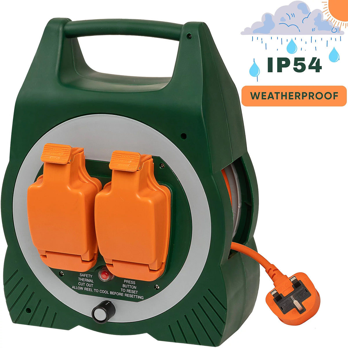 Daewoo Weatherproof 2 Way Reel with Cable Multicoloured 15Mtr EXT1298 | With Clip Close Socket Cover | 13Amp 250V AC Extension with 13Amp Fused Plug | IP Rating-IP54