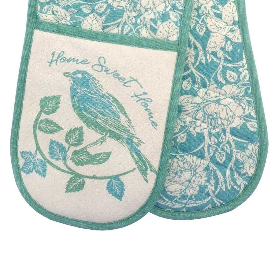 Country Club Double Oven Glove Multicoloured KCO232091 | Home Sweet Home Bird Design | Ideal for Baking and Cooking | Heat Resistant Quilted Mitt
