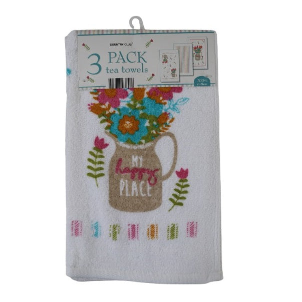 Country Club Spring Stripe Tea Towels Multicoloured Pack of 3 KTS236495 | 100 Percent Cotton | Floral Design with My Happy Place Print | Absorbent and Durable | Ideal for Drying and Cleaning