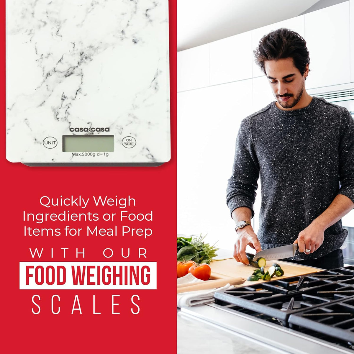 Casa and Casa Marble Design Electronic Kitchen Scale White 16.5cm x 21.5cm x 1.7cm 16320 | Digital Food Scale | With Tare Function | Easy Read LCD Display | Compact and Convenient | 5000g Capacity | Hygienic and Easy Clean | CR2032 Battery Included