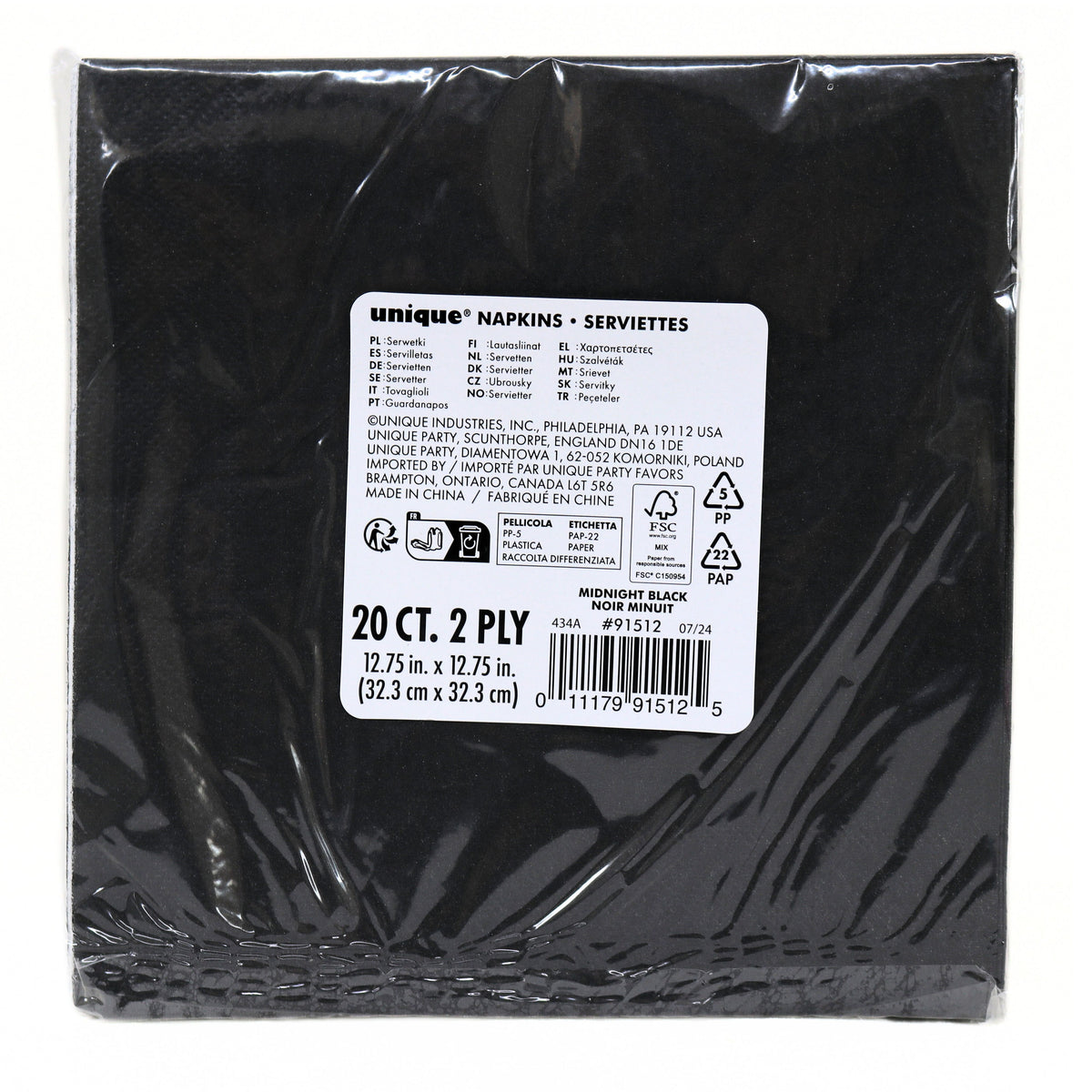 Unique Party 2 Ply Lunch Napkins Midnight Black 32.3cm x 32.3cm Pack of 20 91512