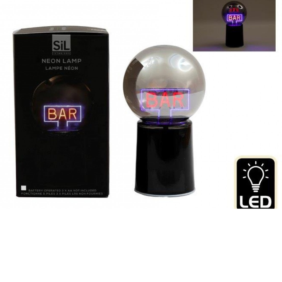 SiL Interiors Neon Bar Lamp Black 12cm x 12cm x 22cm EL0988 | Battery Operated LED Light | Retro Glow Light for Home Decor | 3 AA Battery Powered | Stylish Night Light for Bar Area