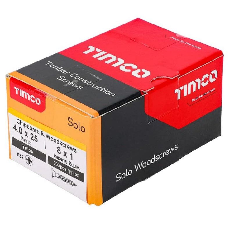Timco Solo Wood Screws Zinc Yellow 4.0mm x 25mm Pack of 200 40025SOLOC | Timber Construction Screws | Chipboard and Woodscrews