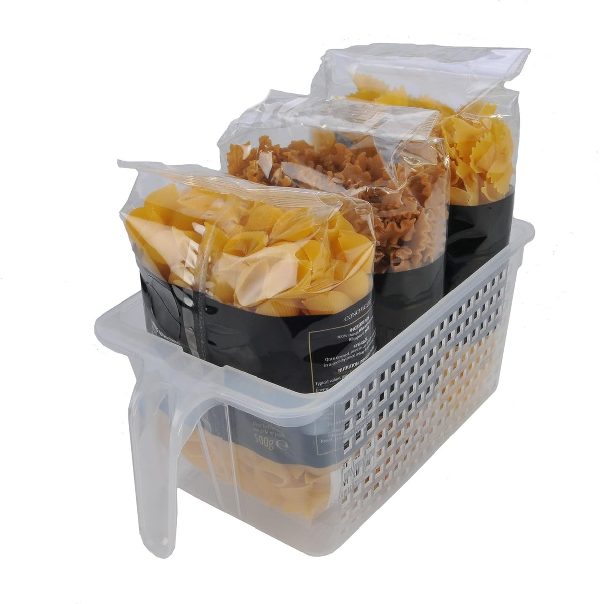 Novo Organisers Plastic Kitchen Storage Basket with Handle Clear Medium L 26cm x W 10cm x H 12.5cm 1080339 | Perfect for Organising Jars-Bottles and Packets | Ideal for Cupboards-Fridge and Pantry