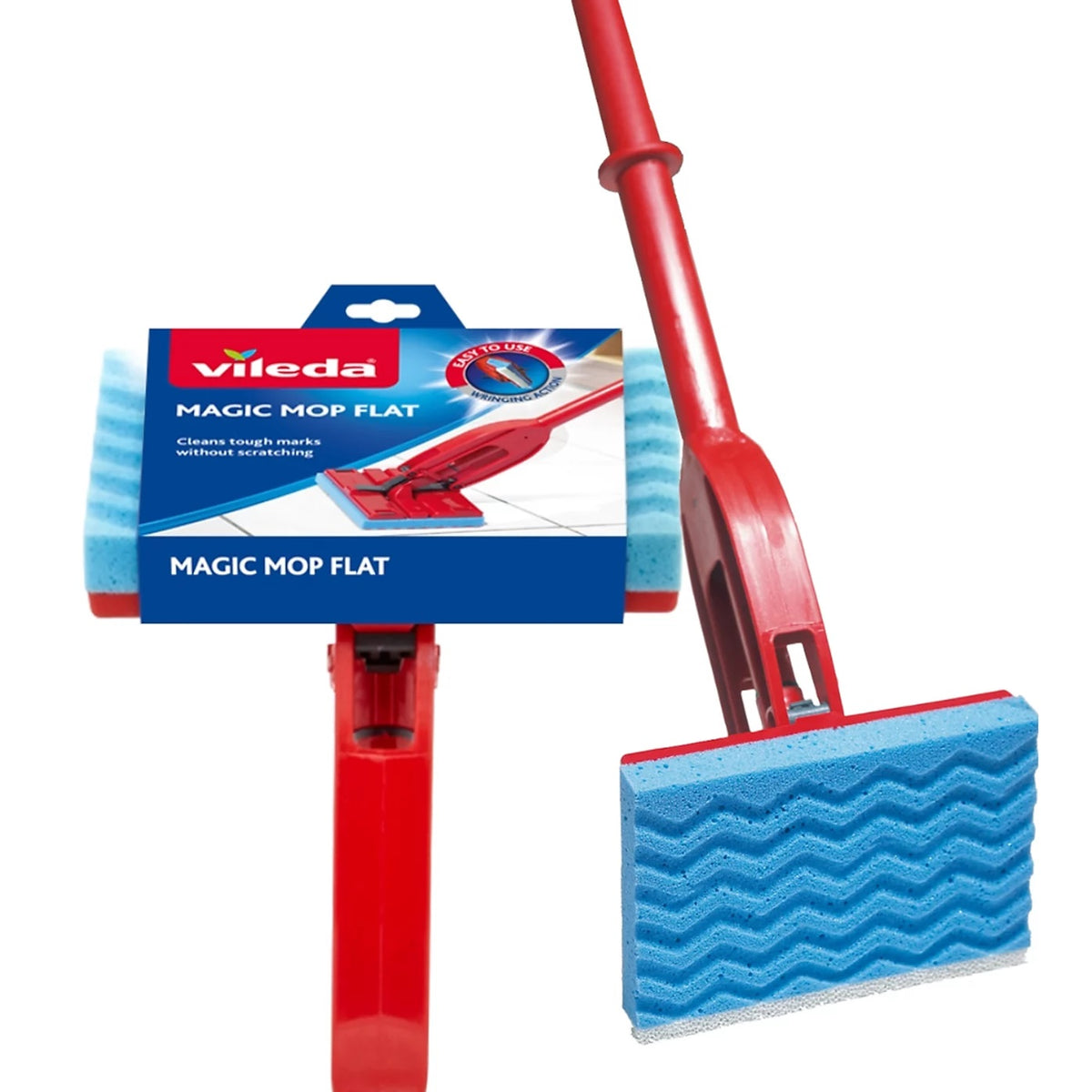 Vileda Magic Mop Flat with Sponge Head Red FH114566 | Easy Wring Handle | Cleans Tough Marks Without Scratching | For All Floor Surfaces