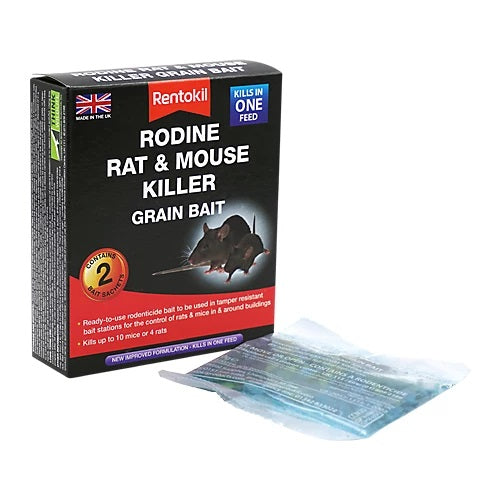 Rentokil Rodine Rat and Mouse Killer Grain Bait Green Pack of 2 PSMR11B | Kills in One Feed | Indoor and Outdoor Use | Kills Up to 10 Mice or 4 Rats