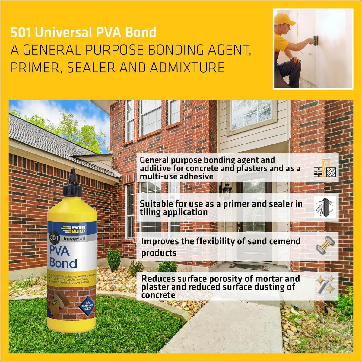 Everbuild 501 Universal P.V.A Bond Clear 1Ltr PVA1L | Multi Purpose Adhesive - Sealant and Admixture | Bonds to Most Building Materials | Ideal as a Primer or Porous Surface | Fully Conforms to BS5270