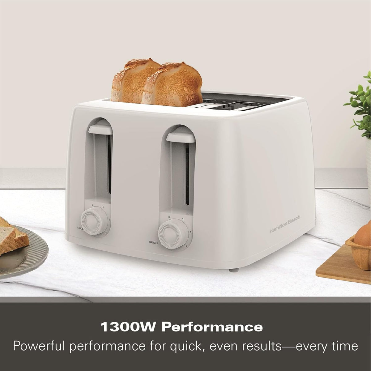 Hamilton Beach Essential 4-Slice Toaster White 1300W 25.5cm x 25cm x 17cm HB4T5032W | 6 Browning Levels for Perfect Toast | Toast a Variety of Breads, from Bagels to Waffles, with 2.7cm Wide Slots | Removable Crumb Tray for Easy Clean-up and Mess-Free