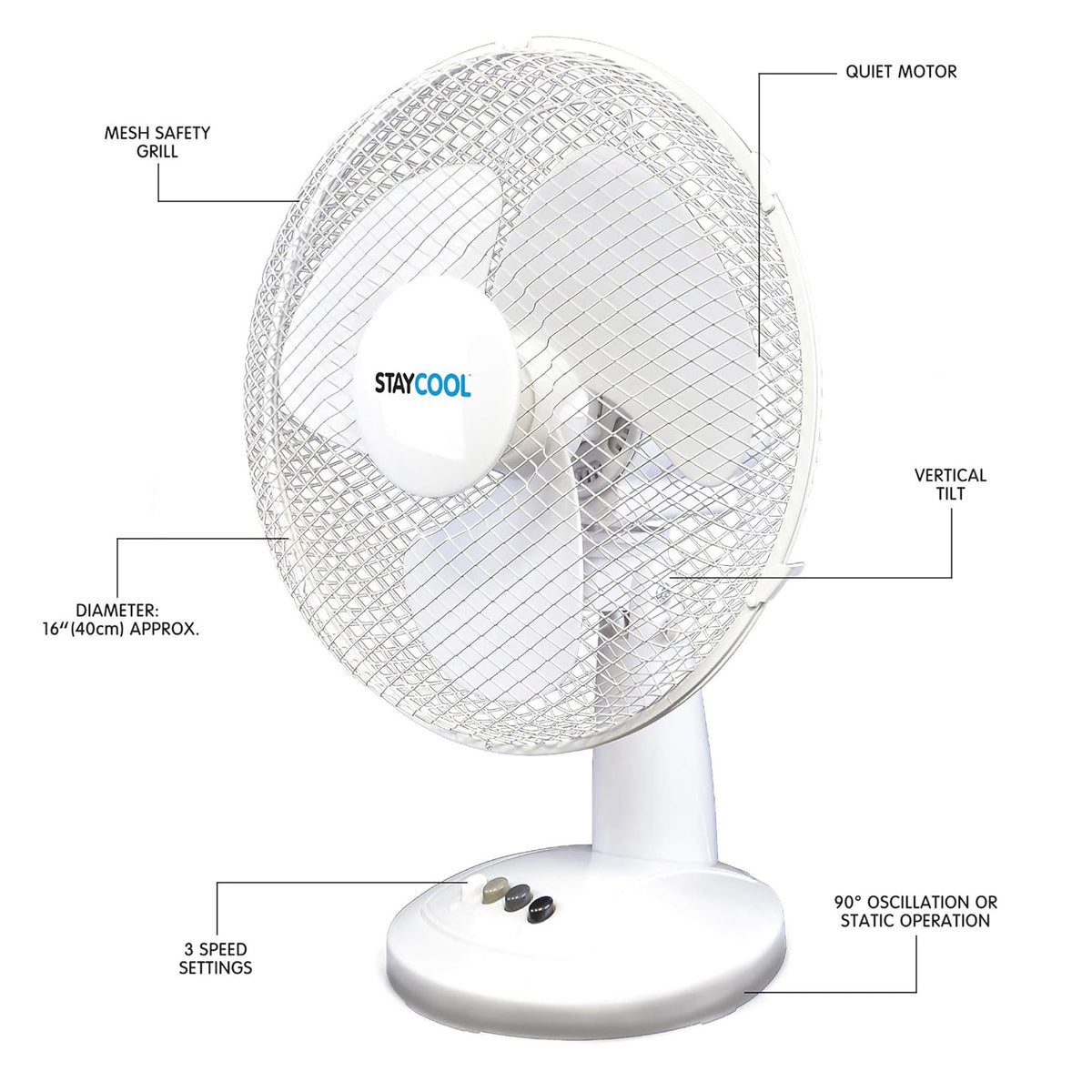 StayCool Oscillating Desk Fan White 16-Inch F1021WH | 3 Speed Settings | Quiet Motor | Mesh Safety Grill | Vertical Tilt | Static or 90 Degree Oscillation | 45W Power | Mesh Safety Grill