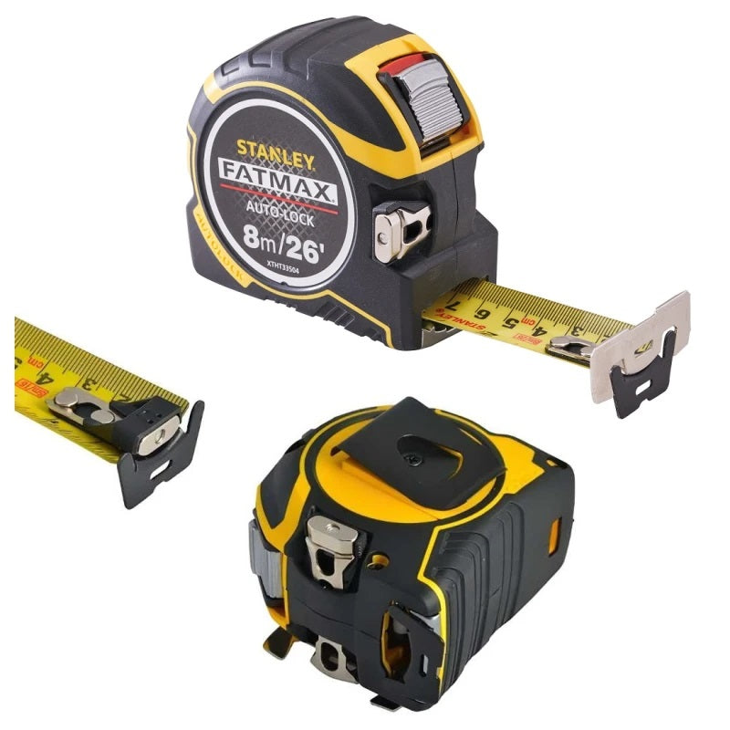 Stanley FatMax Autolock Tape Measure Yellow and Black 8Mtr XTHT0-33504 | Detachable Hook | 32mm Blade | 3.3Mtr Standout | Heavy-Duty Measuring Tool | TRU-ZERO Hook