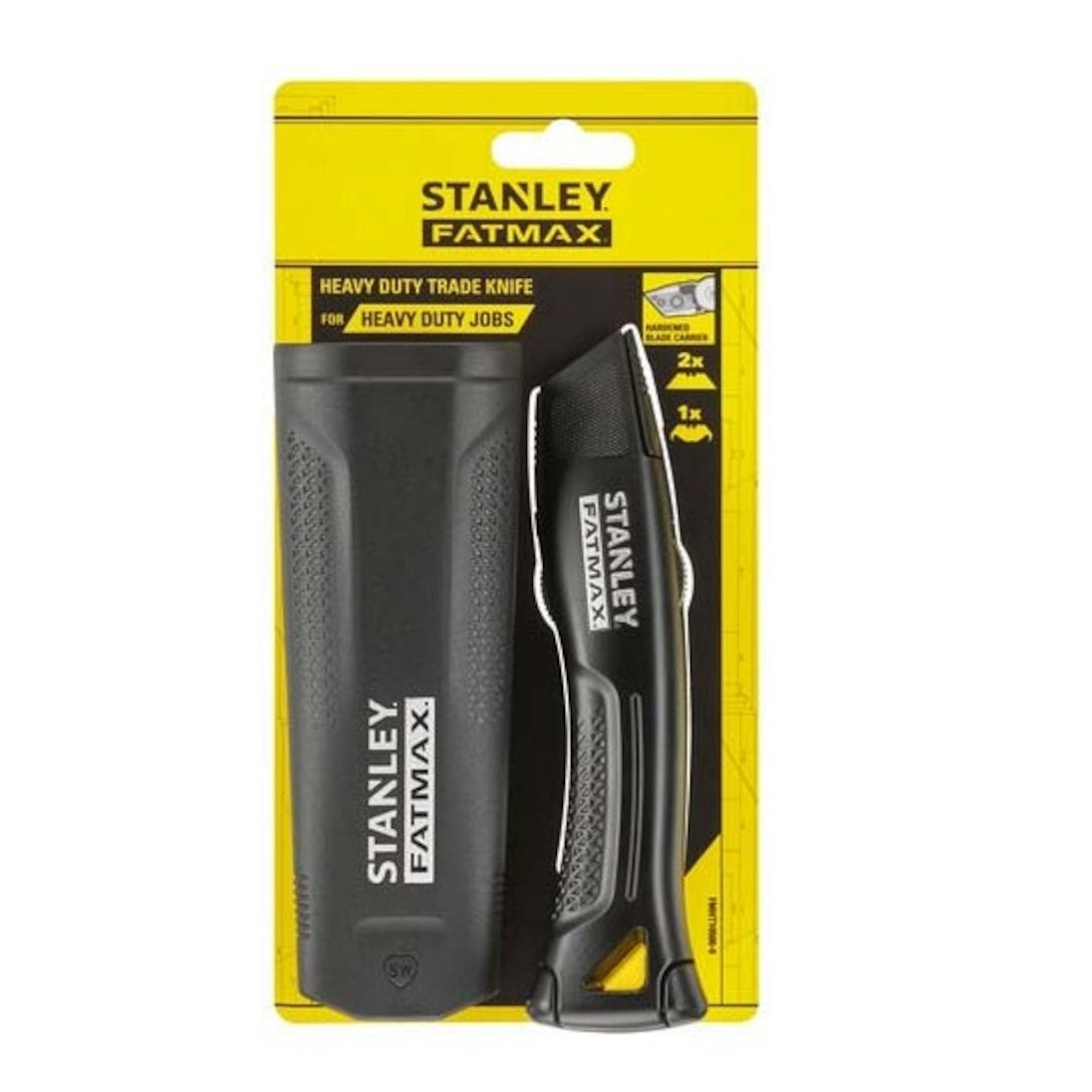 Stanley FatMax Heavy Duty Trade Knife Black FMHT10500-0 | Retractable Utility Knife with Holster | Hardened Blade Carrier | Ideal for Tough Cutting Jobs | 2 x Fatmax Spare Blades