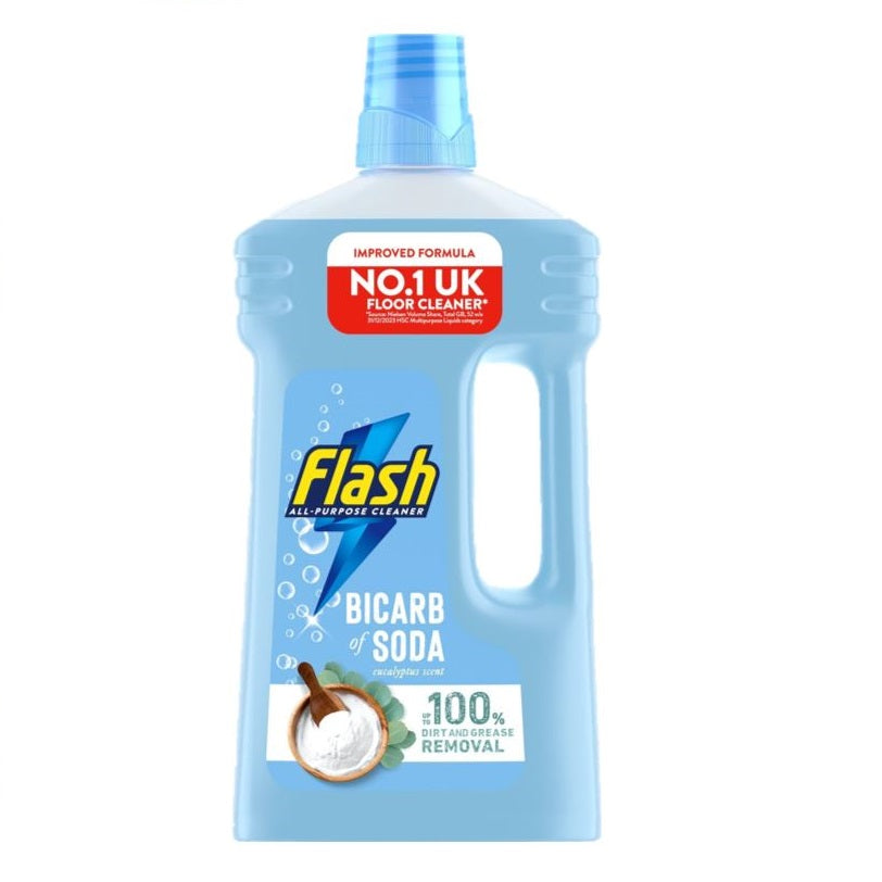 Flash All-Purpose Cleaner Bicarb of Soda Eucalyptus Scent Blue 1Ltr C009915 | 100 Percent Dirt and Grease Removal | Suitable for All Floors | No Harsh Residues | Free from Bleach