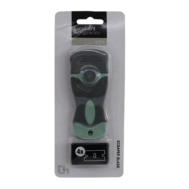 Excellent Houseware Glass Scraper Green and Black Pack of 5 CY5657240 | With 4 Blades | Ergonomic Handle | For Tough Residue Removal