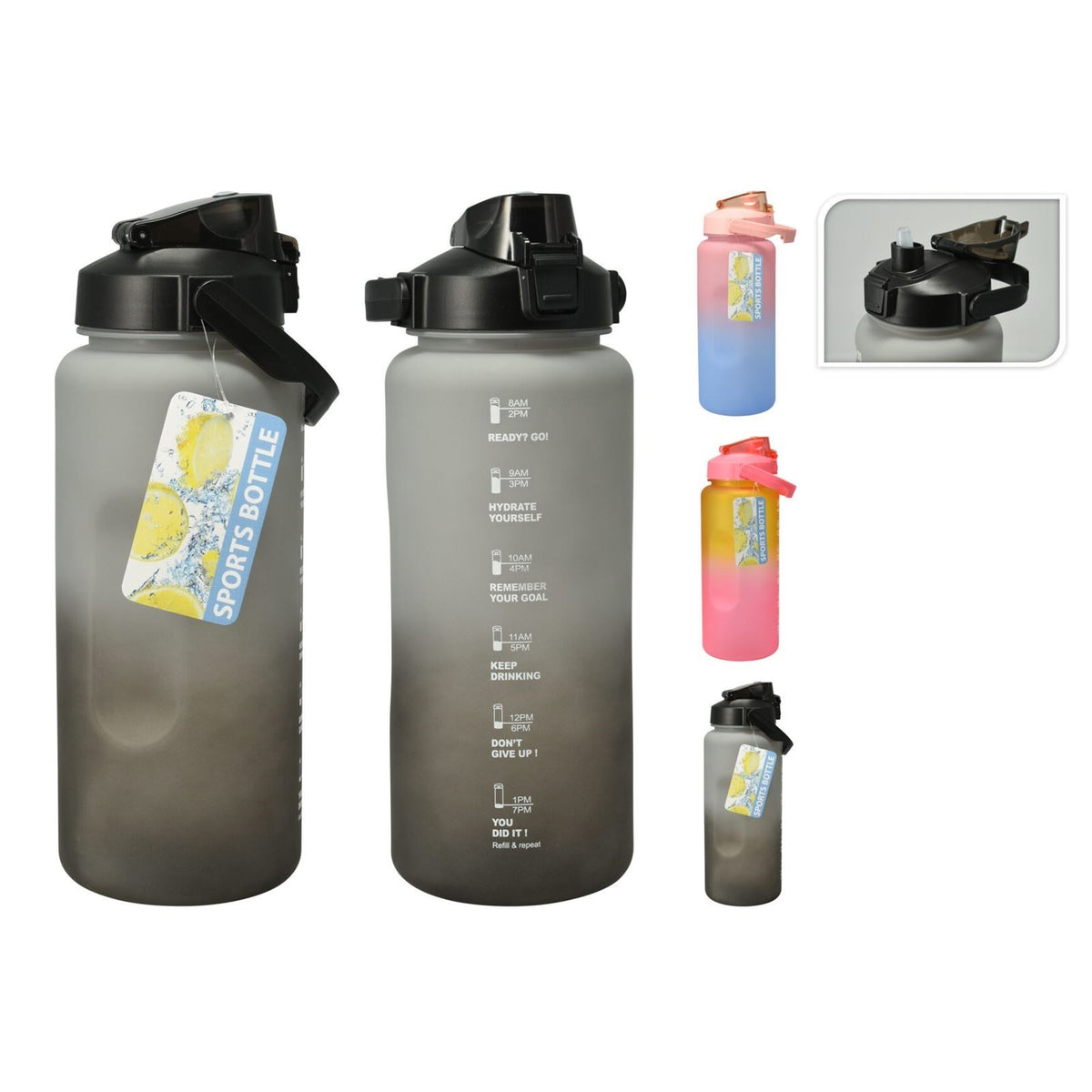 Excellent Houseware Sports Bottle with Time Marker Assorted Colours 2000ml Pack of 1 997100490 | Leakproof BPA-Free | With Flip Top Lid | For Fitness-Gym and Daily Hydration