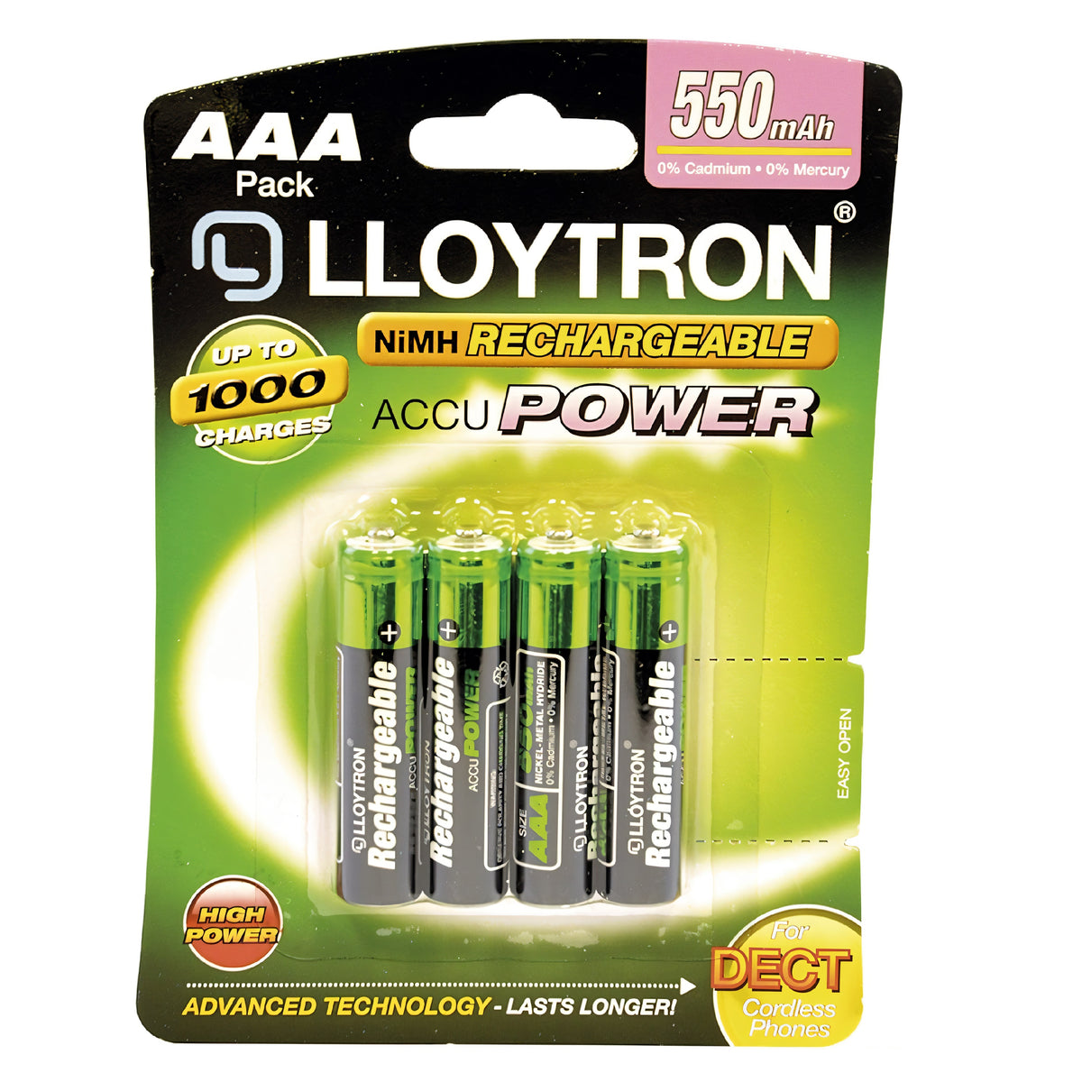 Lloytron NiMH Rechargeable Battery Black and Green AAA 550mAH Pack of 4 B014 | Accu Power | High Power | Advanced Technology - Lasts Longer | For Dect Cordless Phones | Upto 1000 Charges