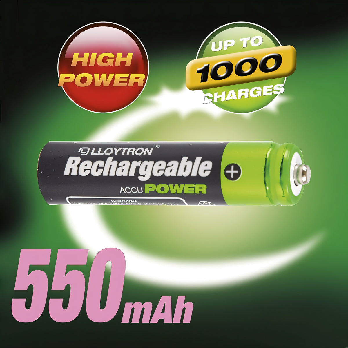 Lloytron NiMH Rechargeable Battery Black and Green AAA 550mAH Pack of 4 B014 | Accu Power | High Power | Advanced Technology - Lasts Longer | For Dect Cordless Phones | Upto 1000 Charges