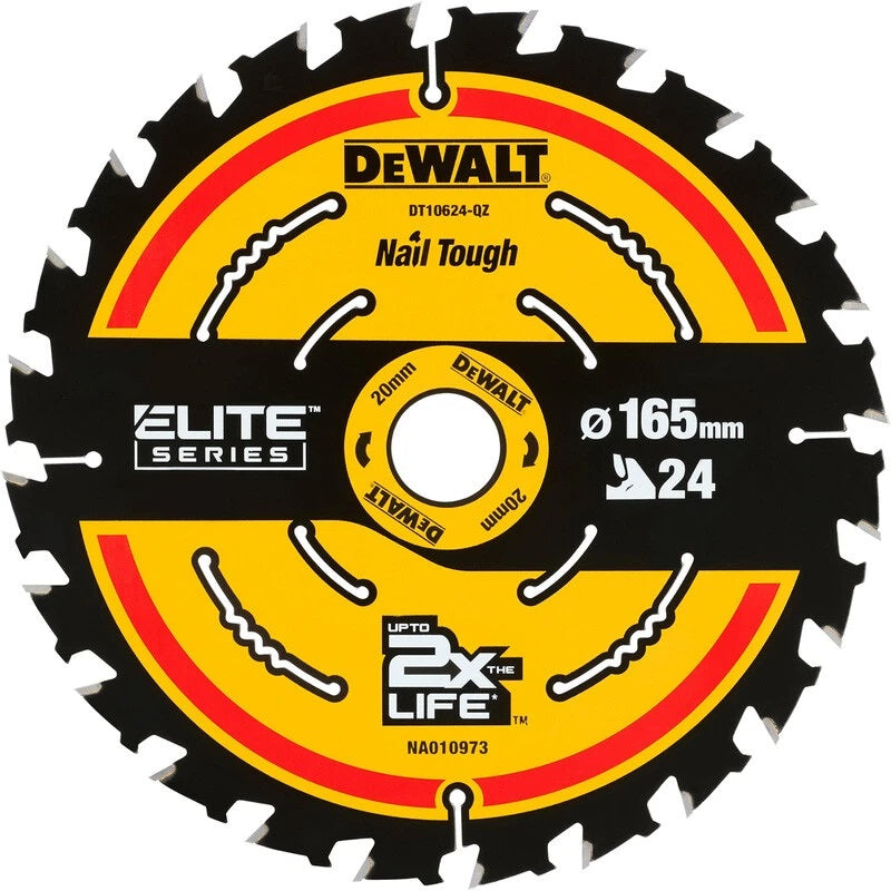 Dewalt Elite 24T Circular Saw Blade Black 165mm x 20mm DT10624-QZ | Impact Resistant | Premium Carbide | Fast Accurate Cutting