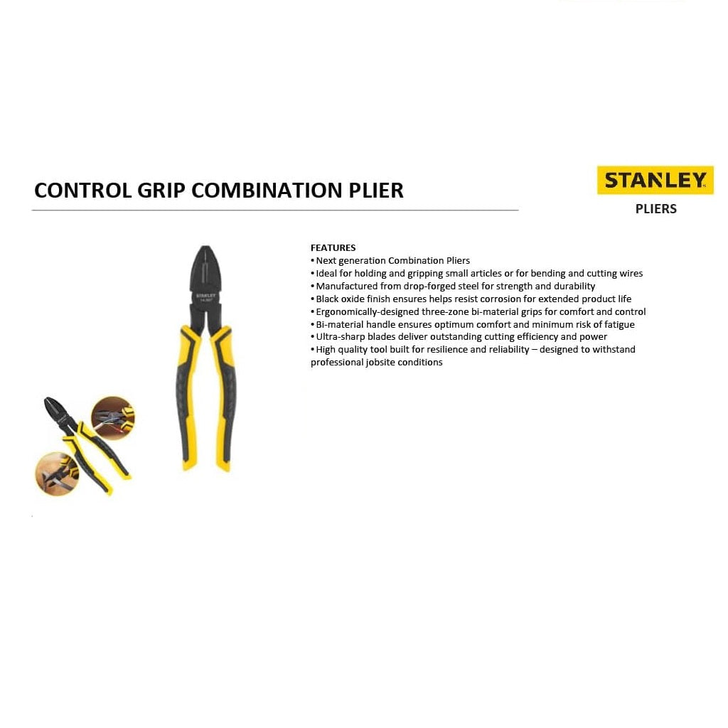 Stanley Dynagrip Combination Pliers Yellow and Black 180mm STHT0-74454 | Precision Wire Cutter for Electrical and DIY Use