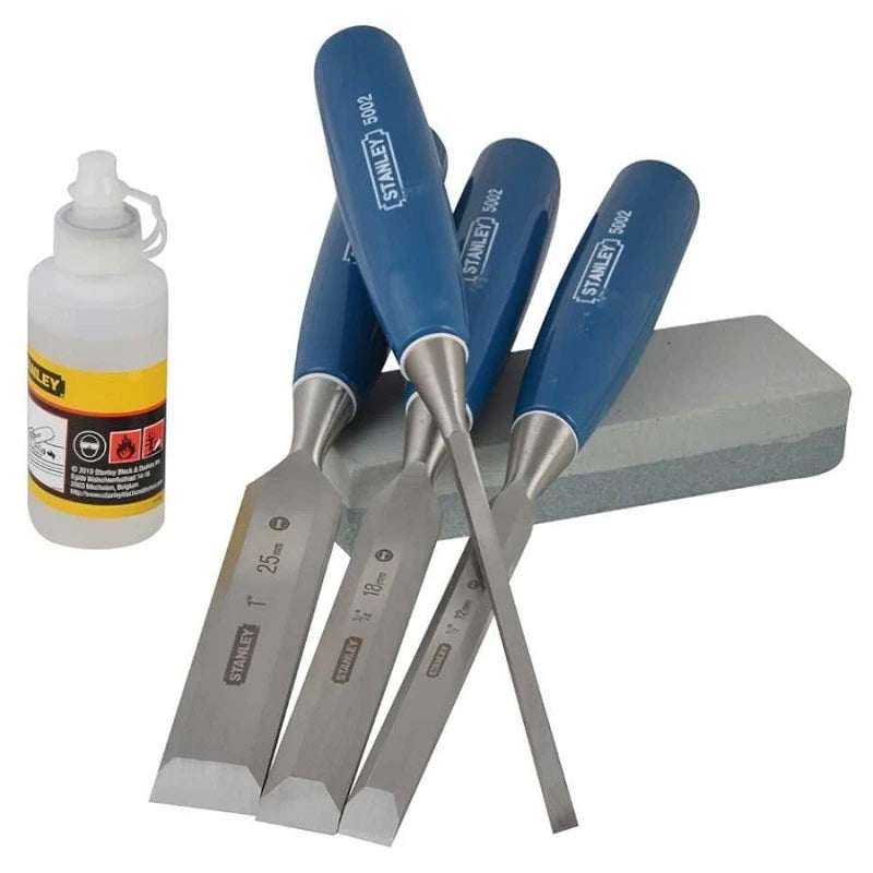 Stanley 5002 Wood Chisel Set with Oil and Stone Blue and Silver Assorted Sizes Set of 4 0-16-130 | 1x 6mm | 1x 12mm | 1x 18mm | 1x 25mm
