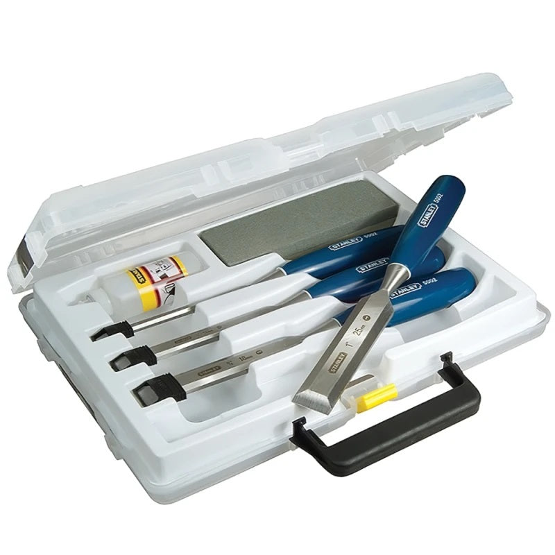 Stanley 5002 Wood Chisel Set with Oil and Stone Blue and Silver Assorted Sizes Set of 4 0-16-130 | 1x 6mm | 1x 12mm | 1x 18mm | 1x 25mm