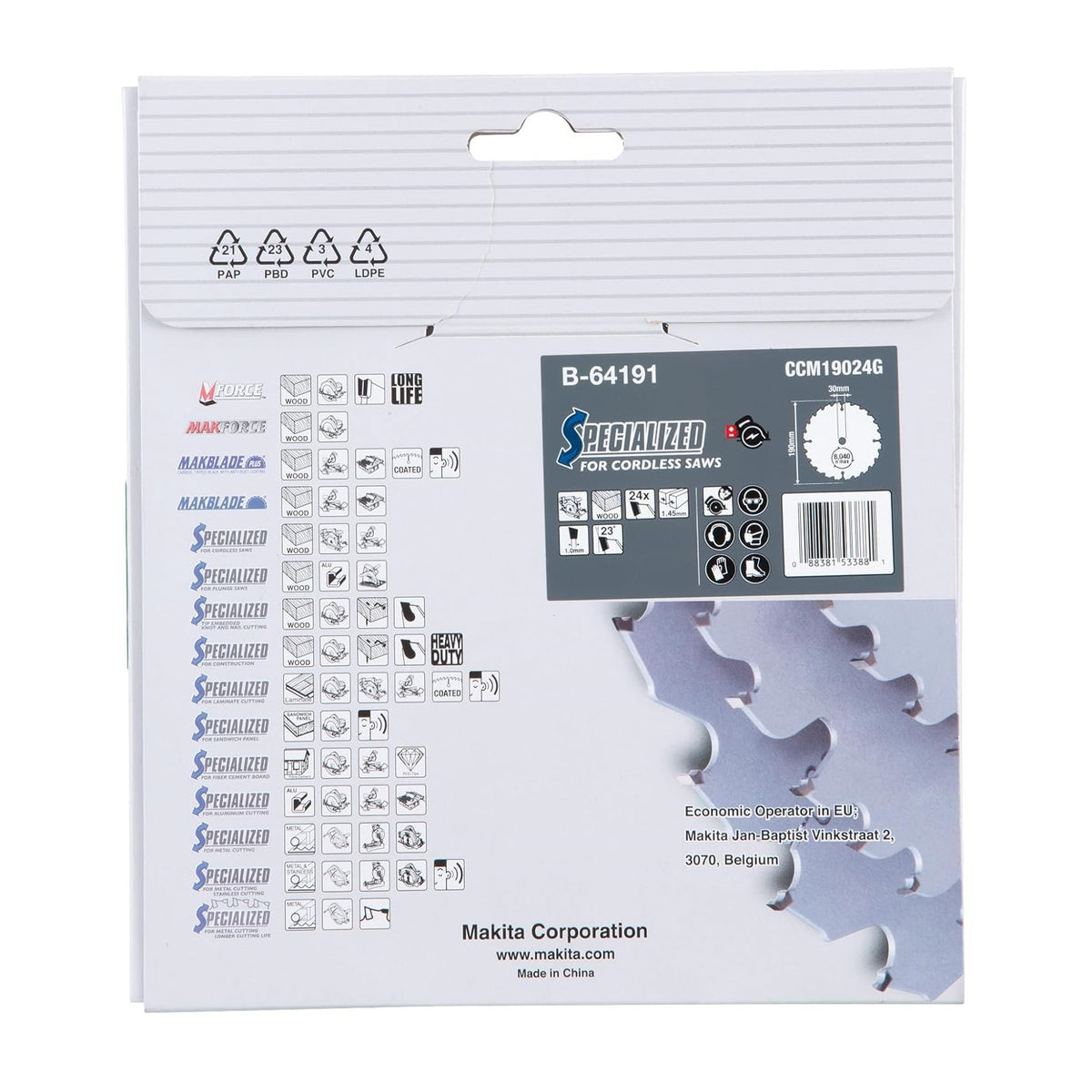 Makita Efficut Specialized Circular Saw Blade Grey 190mm x 30mm B-64191 | Number of Teeth 24 | For Cordless Saws | Wood Cutting Blade | Material - Tungsten Carbide