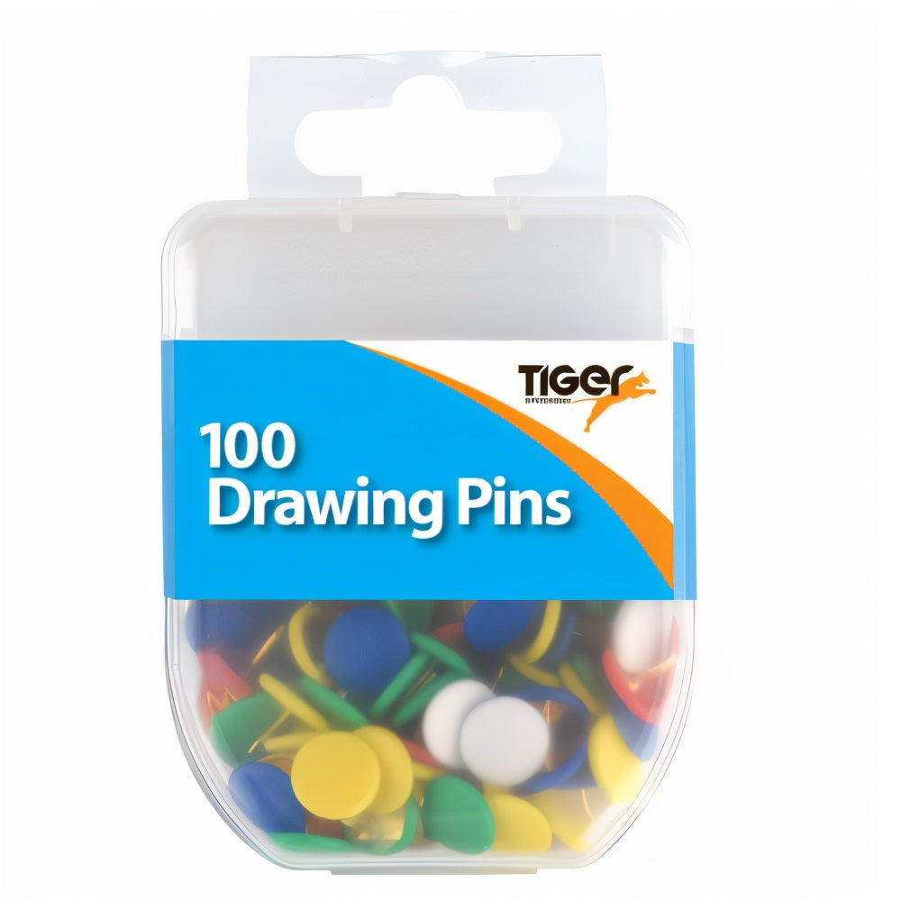 Tiger Stationery Essentials Drawing Pins Assorted Colours 9.5mm Pack of 100