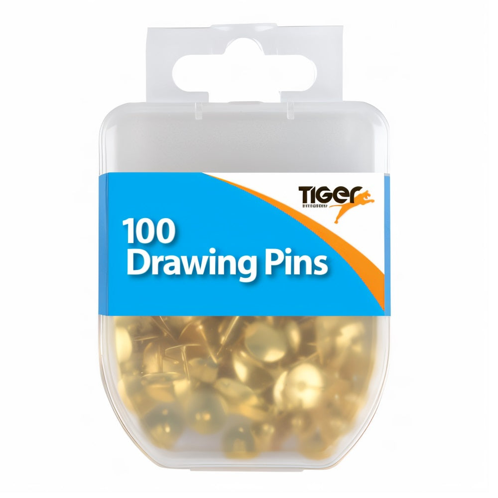 Tiger Stationery Essentials Drawing Pins Brass L9.5mm Hanging Pack of 100 301581