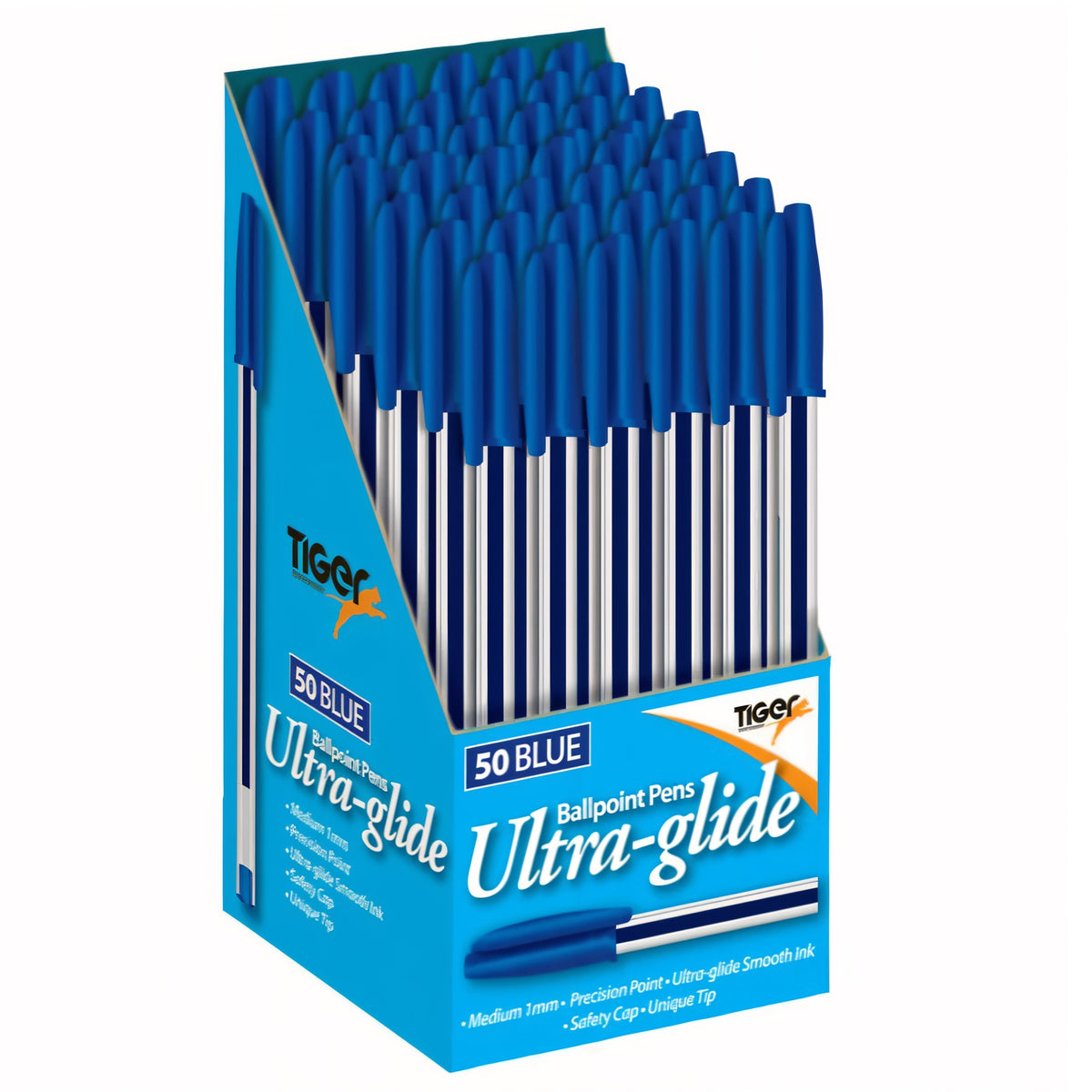 Tiger Stationery Ultra-Glide Ballpoint Pen Blue Medium 1mm Pack of 50 301947 | Precision Point | Ultra-Glide Smooth Ink | Safety Cap | Unique Tip
