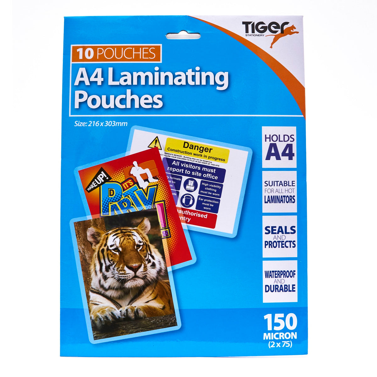 Tiger Stationery A4 Laminating Pouches Clear 216mm x 303mm Pack of 10 301820 | Holds A4 | Suitable for All Hot Laminators | Seals and Protects | Waterproof and Durable