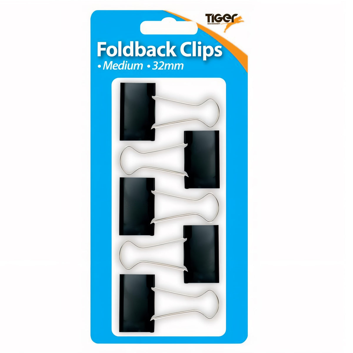 Tiger Stationery Fold Back Clips Black Medium 32mm Pack of 5 302005