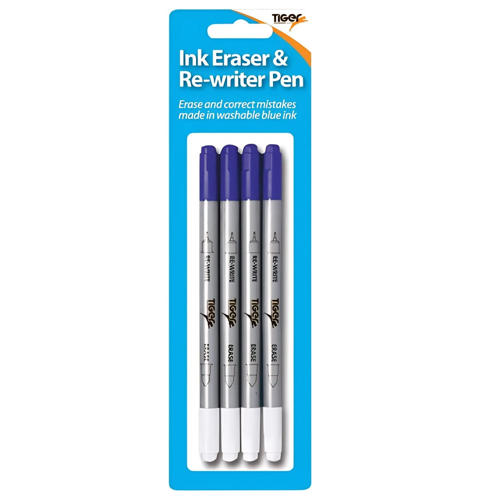 Tiger Stationery Ink Eraser and Re-Writer Pen Pack of 4 301329 | Erase and Correct Mistakes Made in Washable Blue Ink