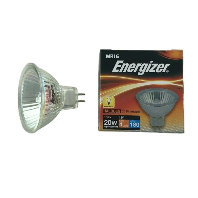 Energizer MR16 Dimmable Halogen Bulb Clear S5412 | 12V | 20W Equivalent | Warm White | 180 Lumens | GU5.3 Base | Lasts 4 Years | Bulb Life - 4000Hrs | Colour Temperature - 2900 Kelvin | Switching Cycles 16000