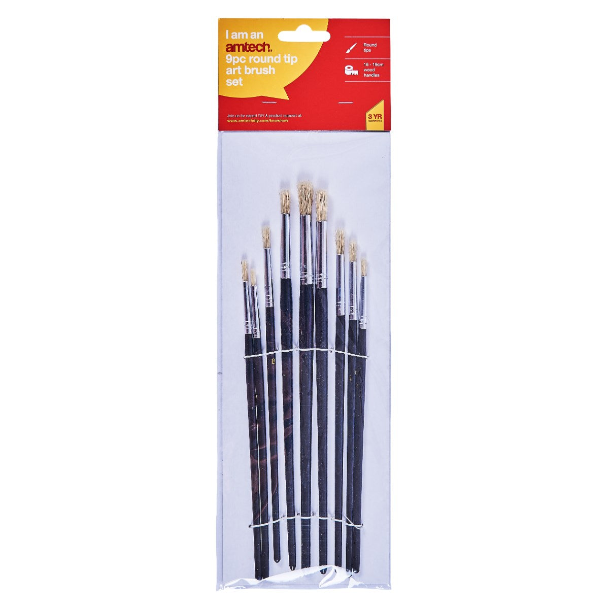 Amtech Round Tip Art Brush Set Black Pack of 9 S4135 | Assorted Sizes | 16cm - 19cm Wood Handles | Ideal for Acrylic-Watercolour and Oil Painting | Craft and DIY Use