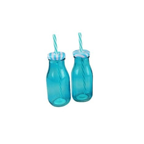RSW Glass Drinking Bottles with Lid and Straws Assorted Colours 220ml Pack of 1 AM1630 | Reusable with Striped Lids | Ideal for Juices-Smoothies and Parties