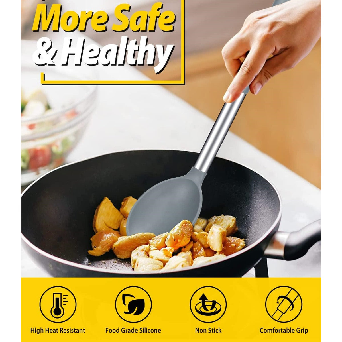 Ashley Housewares Silicone Cooking Spoon with Stainless Steel Handle Grey 33cm x 6cm KT182 | Heat Resistant up to 200 degree C | BPA Free | Non-Scratch and Dishwasher Safe | Anti Slip Handle