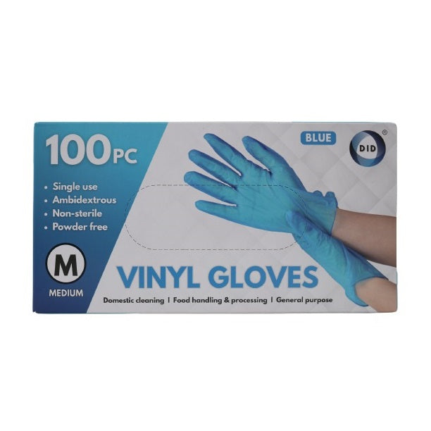 DID Vinyl Single Use Gloves Blue Medium Pack of 100 WW9173 | Powder-Free | Ambidextrous | Non-Sterile | Disposable Gloves | For Cleaning-Food Handling and General Purpose