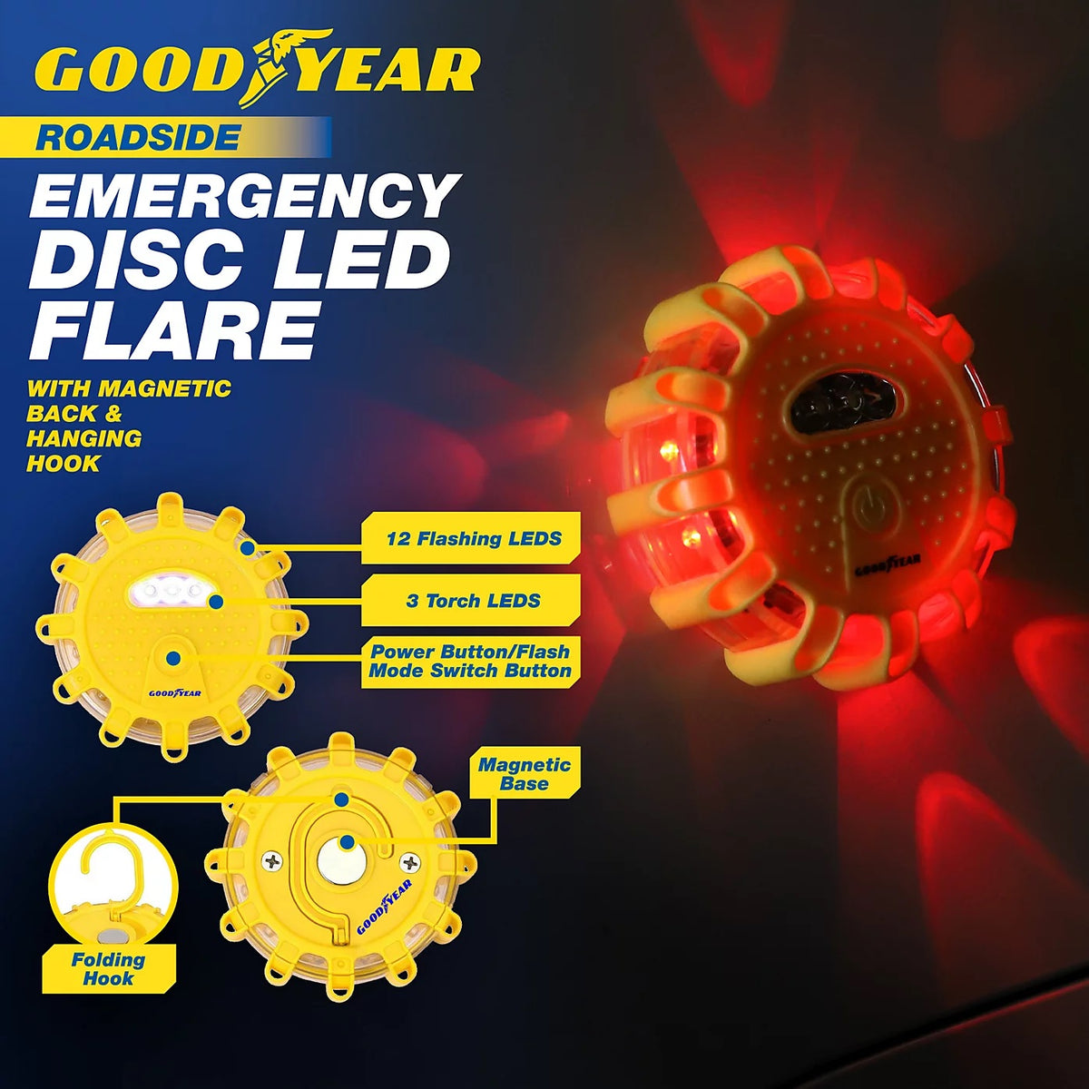 GoodYear Roadside Emergency Disc LED Flare with Magnetic Back and Hanging Hook Yellow 900941 | Instantly Visible Over a Mile Away at Night | 8 Modes | 15 LEDS | Waterproof