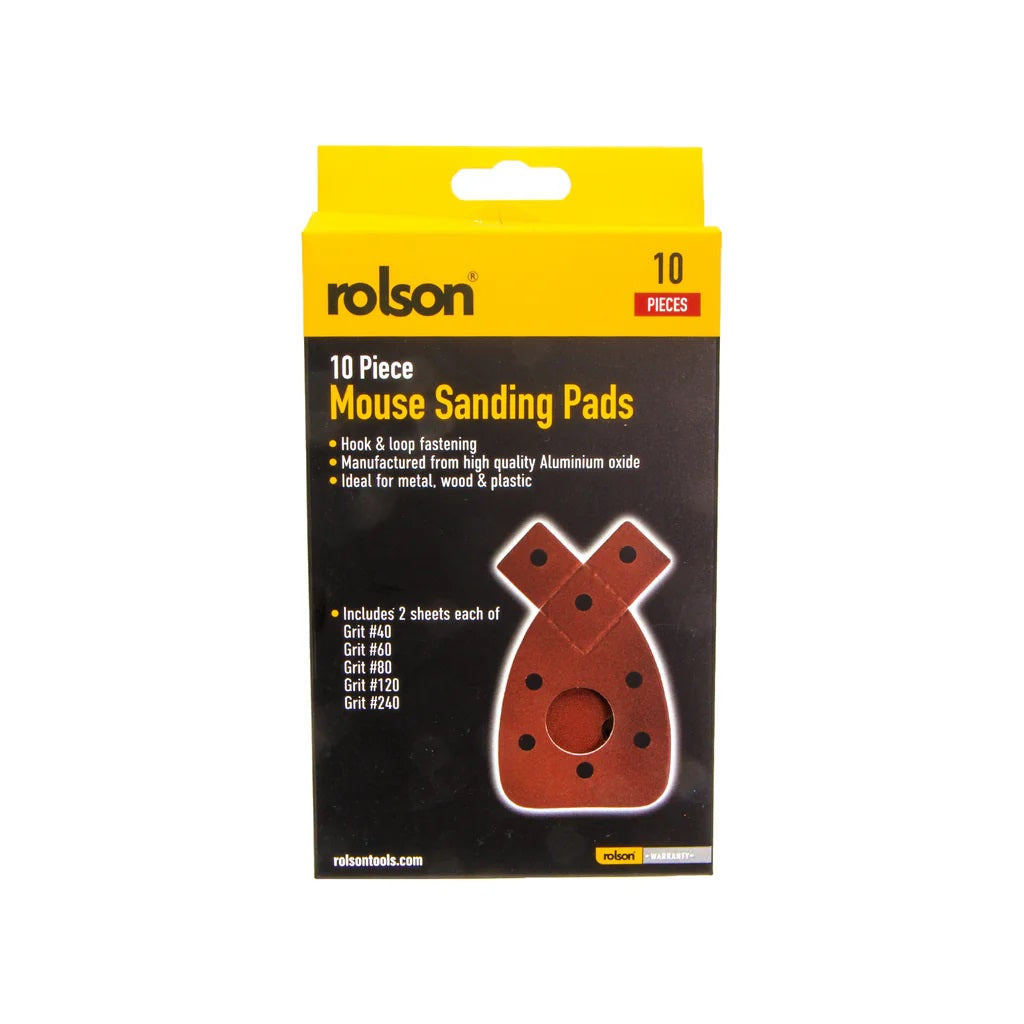 Rolson Mouse Sanding Pads Brown Pack of 10 24501 | Mixed Grits 40 to 240 | Hook and Loop Fastening | Aluminium Oxide Sandpaper | Ideal for Wood-Metal and Plastic