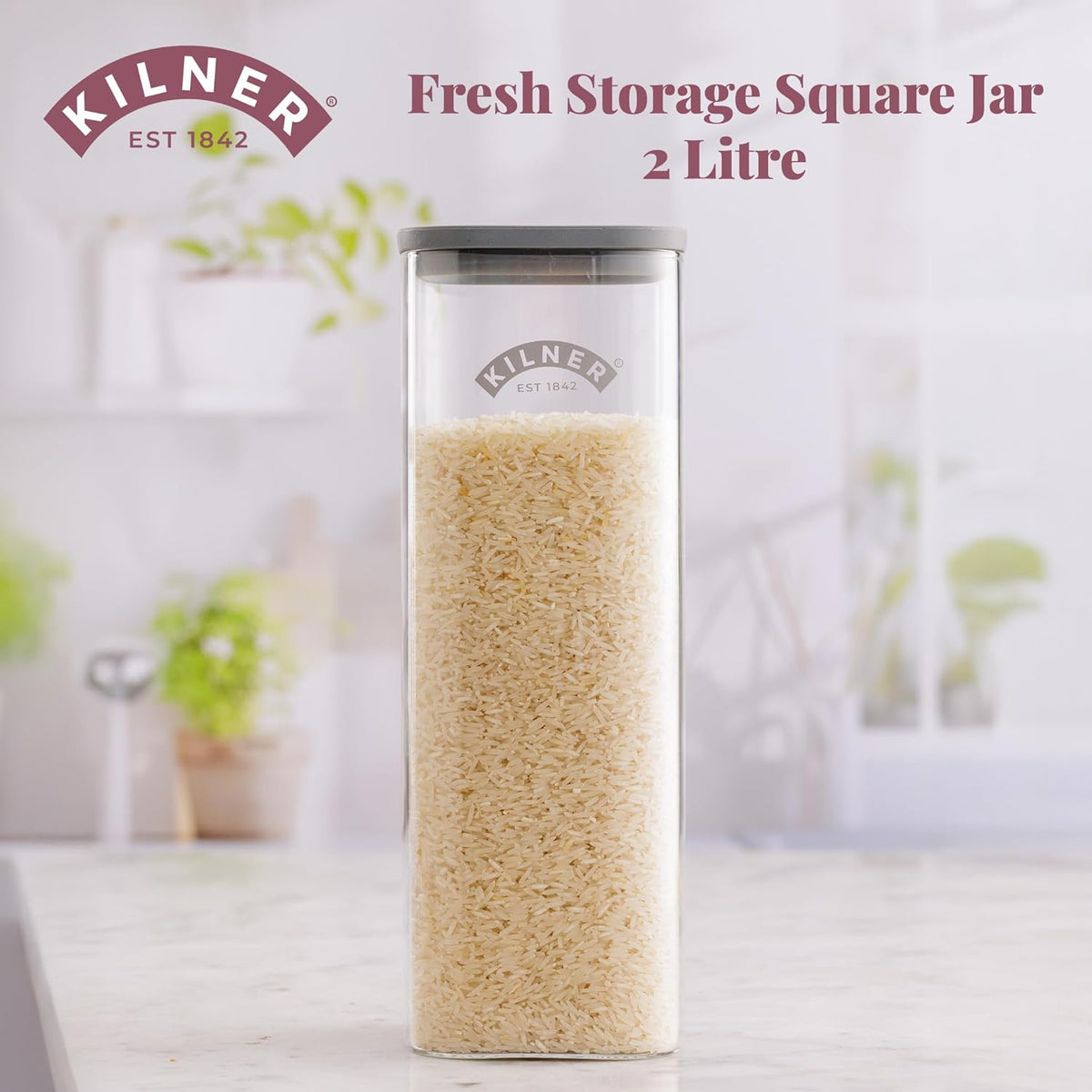 Kilner Square Fresh Storage Jar Clear 2Ltr H28.8cm x W10.4cm x L10.4cm 25.103 | Durable Glass | Reuse | Refill | Recycle | Made to Last | Glass is Best