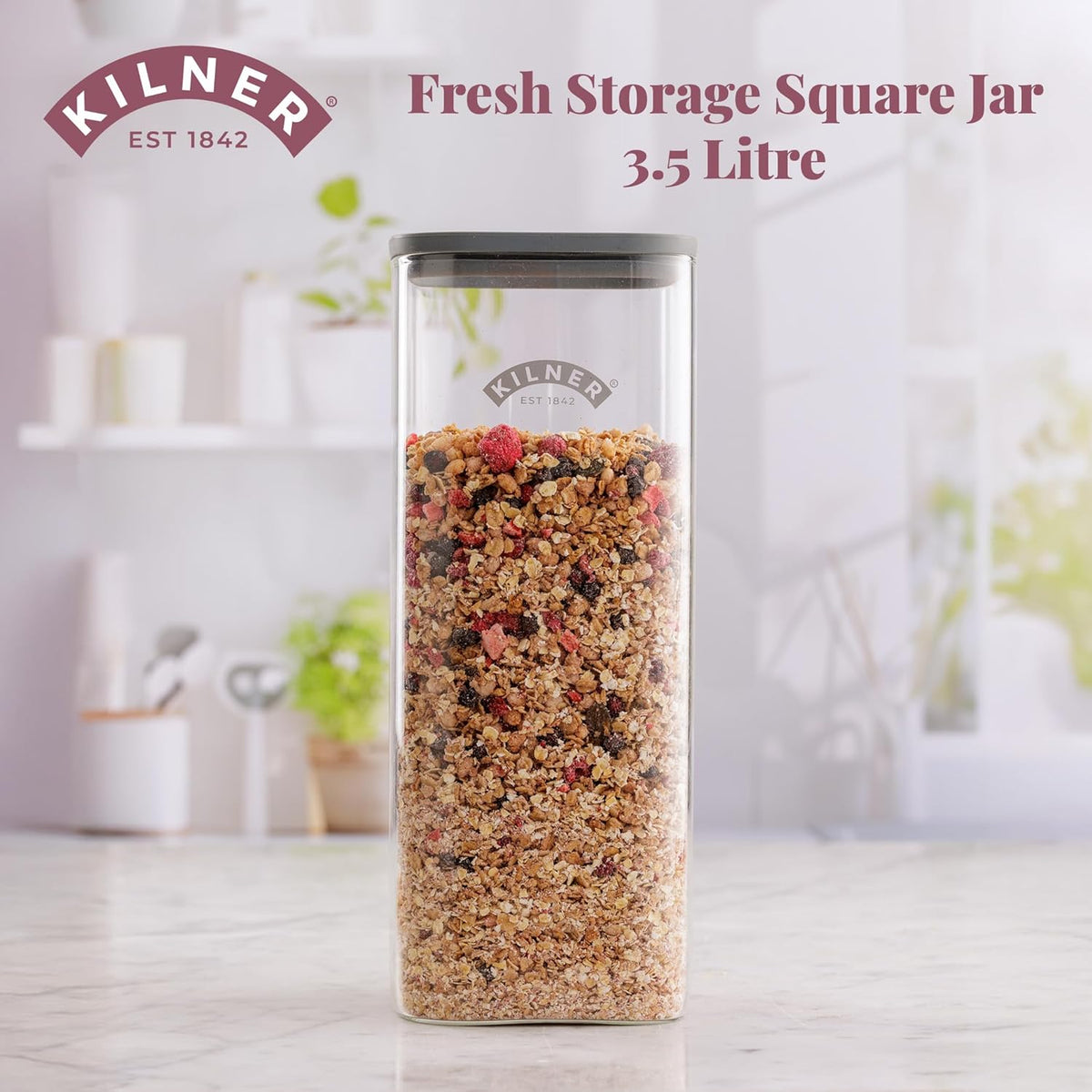 Kilner Square Fresh Storage Jar Clear 3.5Ltr H30.4cm x W12.4cm x L12.4cm 25.104 | Durable Glass | Reuse | Refill | Recycle | Made to Last | Glass is Best
