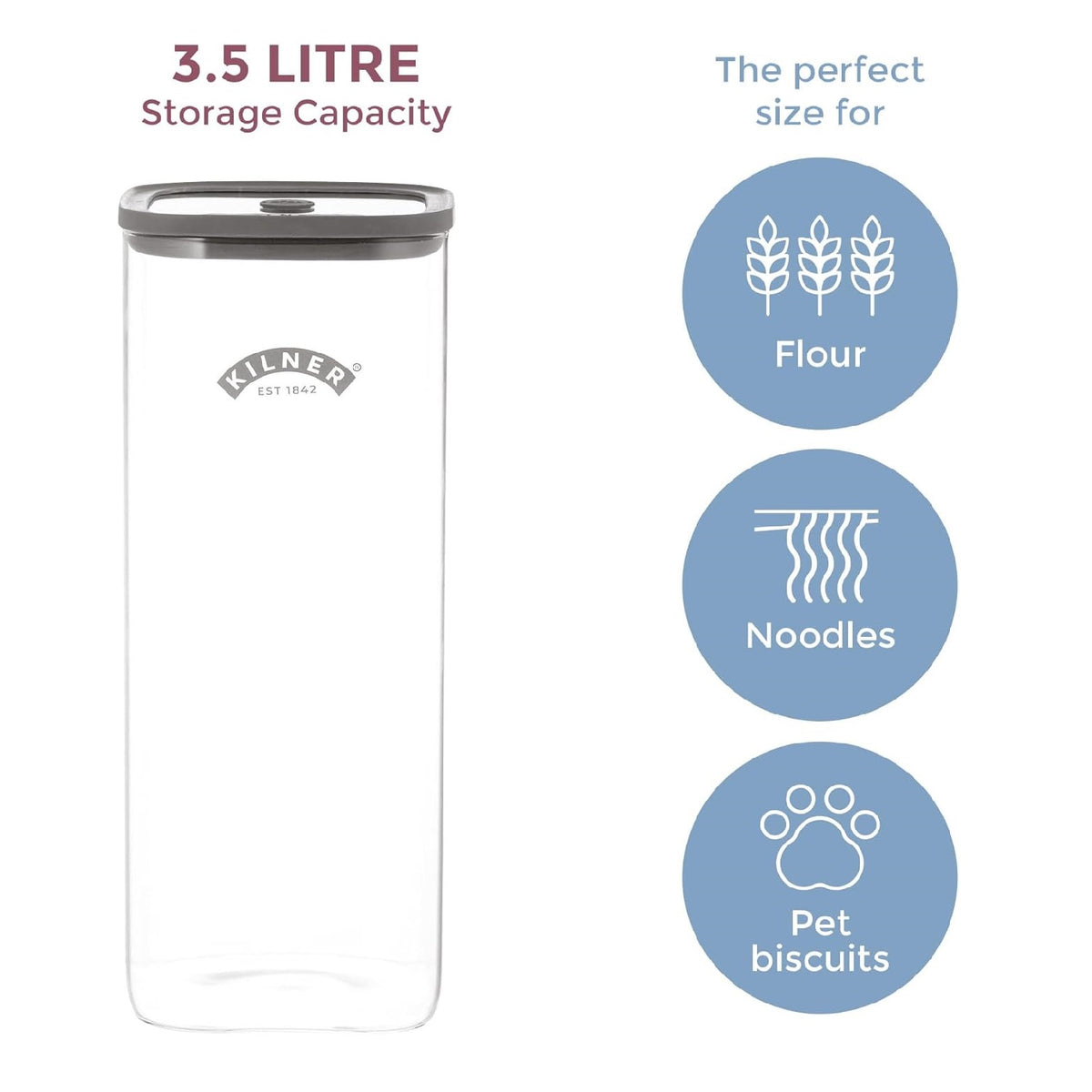Kilner Square Fresh Storage Jar Clear 3.5Ltr H30.4cm x W12.4cm x L12.4cm 25.104 | Durable Glass | Reuse | Refill | Recycle | Made to Last | Glass is Best