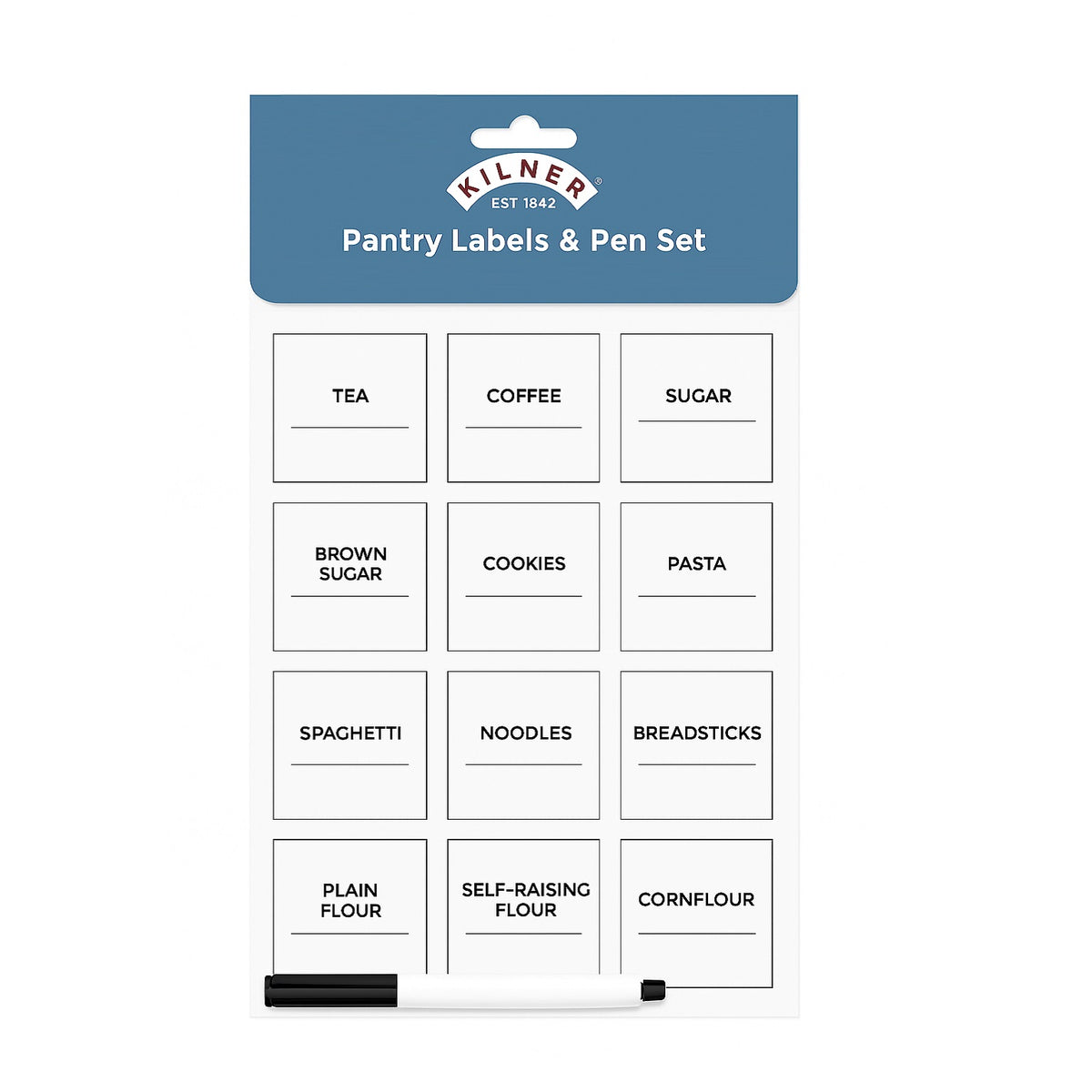 Kilner Pantry Labels and Pen Set Black and White Pack of 8 25.524 | Includes 8 Label Sheets for Pantry Essentials - Spices - Utility and Pets | 94 Reusable Pre-Printed Labels | 48 Reusable Blank Labels and Whiteboard Pen | Over 140 Cling Labels across 8 Sheets | Suitable for Glass - Shiny and Smooth Surfaces only