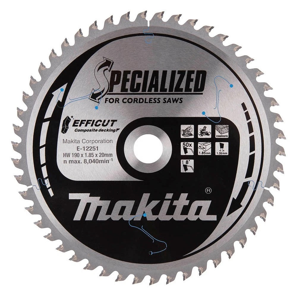 Makita Efficut Composite Decking Circular TCT Saw Blade Silver 190mm x 20mm E-12251 | Specialized for Cordless Saws