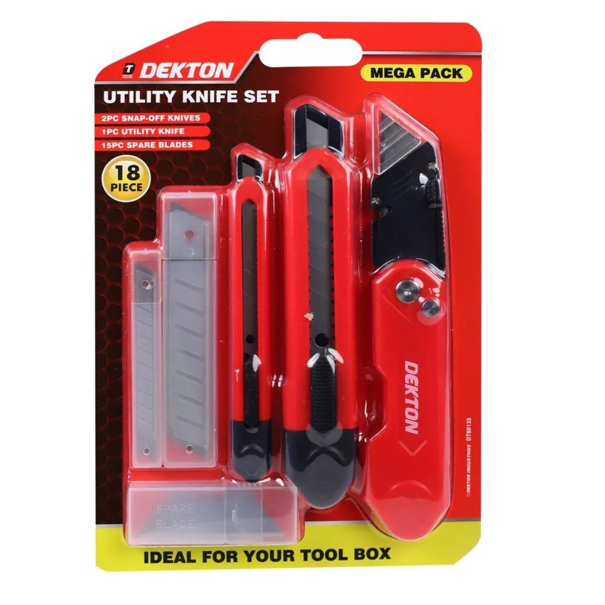 Dekton Utility Knife Set Red and Black 18-Piece DT60135 | 2-Piece Snap Off Knives | 1-Piece Utility Knife | 15-Piece Spare Blades